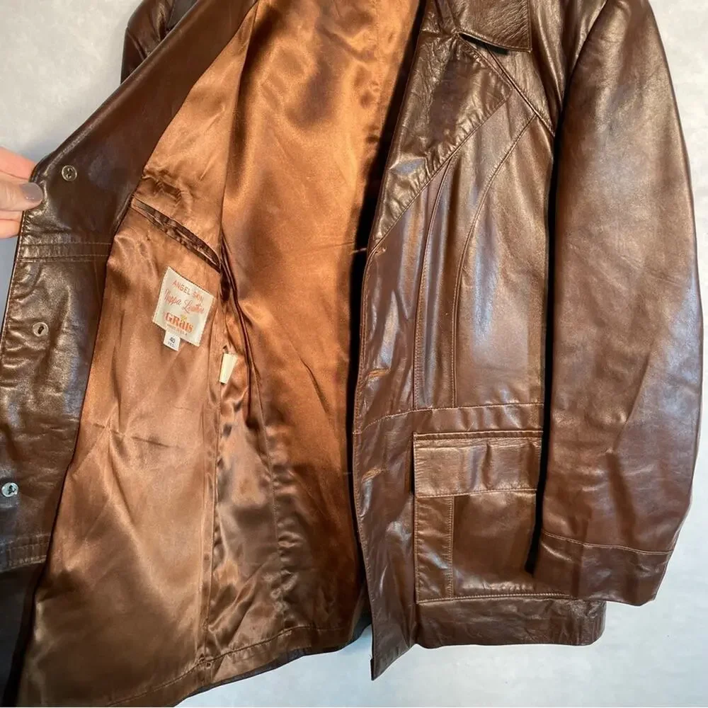 Vintage Brown Leather Blazer Coat Sz 40R 70s Nappa Leather by Grais USA Gorgeous